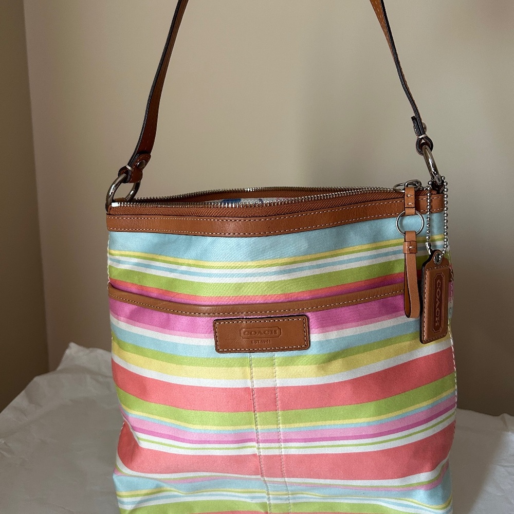 Coach Pastel Stripe Sateen & Leather Trimmed Shoulder bag